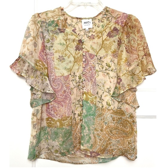 MISA Chiffon Floral Paisley Patchwork Flutter Short Sleeve Button Front Top XS - Picture 6 of 11
